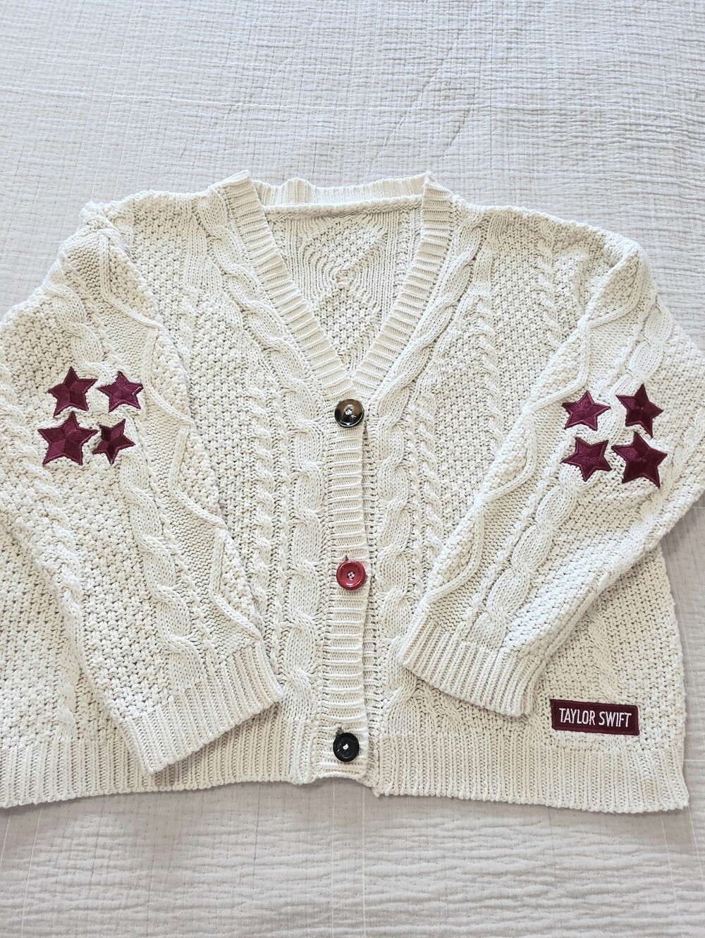 Taylor Swift Red Official Cardigan, Cream Color with Maroon Stars, Size M/L - Picture 2 of 13